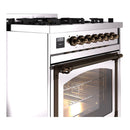Stainless steel dual fuel range side view with bronze control bar and lit oven