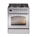 Stainless steel dual fuel range with chrome trim, control knobs, and oven glass door