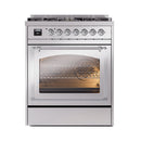 Stainless dual fuel gas range front with triple-glass oven window and burner control knobs