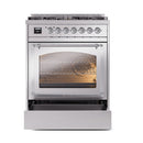 Stainless dual fuel gas range oven with triple-glass window and lit interior racks