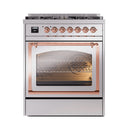 Stainless steel dual fuel range oven with triple-pane door and illuminated interior