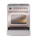 Stainless steel dual fuel range oven door with triple-pane glass and copper handle