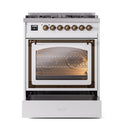White dual-fuel gas range with open triple glass oven door and bottom storage drawer