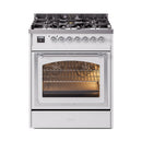 ILVE dual fuel range with open oven door, white finish, chrome handle and control knobs