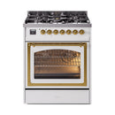 White range with oven door open, brass trim, and visible wire racks inside the triple glass