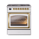 White dual fuel range with brass-trimmed triple-glass oven door and six burner knobs