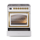 White oven door open on a dual fuel range with brass frame and glass window
