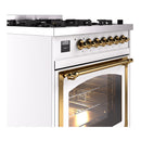 White range control panel with gold knobs and brass oven door handle, close-up view
