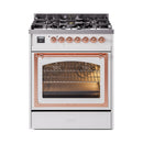 White range with oven door open, wire rack inside, and copper trim around window
