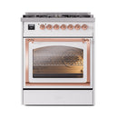 White range with oven door open, copper handle frame, and control panel with knobs