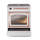 White oven door with copper trim and triple glass window; oven door drawer visible