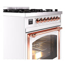 White range front with copper control knobs and open oven door window
