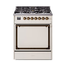 Antique white dual fuel range with bronze knobs and solid oven door
