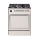 Antique white gas range with chrome trim, closed oven door and control knobs