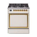 Antique white dual fuel range with brass trim, closed oven door, and burner controls