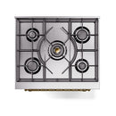 Antique white gas dual-fuel range cooktop with four round burners and grates