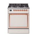 Antique white dual fuel range with copper-trimmed solid door and burners