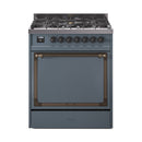 Blue grey gas dual fuel range with bronze-trimmed solid oven door and control knobs