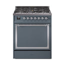 Blue-grey dual fuel range with oven window and chrome control knobs