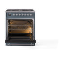Blue-grey dual fuel range oven open with racks inside