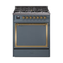 Blue-grey dual-fuel range with solid door and brass-trim control knobs