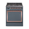 ILVE Nostalgie II Noblesse 30-Inch 4.0 Cu. Ft. Propane Gas Dual Fuel Range with 5 Burners and Solid Door in Blue Grey with Copper Trim (UN30QNMPBGPLP)