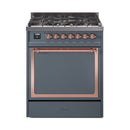 Blue grey dual fuel range with solid door, copper trim and burner control knobs