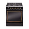 ILVE Nostalgie II Noblesse 30-Inch 4.0 Cu. Ft. Natural Gas Dual Fuel Range with 5 Burners and Solid Door in Glossy Black with Burnished Bronze Trim (UN30QNMPBKB)