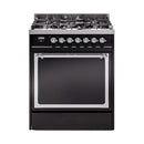 Glossy black dual fuel range with chrome trim, oven window and control knobs