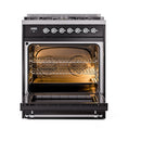 Glossy black dual fuel range with chrome trim, open oven with racks and burners