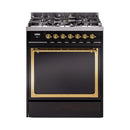 Glossy black dual-fuel gas range with brass-trimmed oven door and control knobs