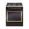 ILVE Nostalgie II Noblesse 30-Inch 4.0 Cu. Ft. Propane Gas Dual Fuel Range with 5 Burners and Solid Door in Glossy Black with Brass Trim (UN30QNMPBKGLP)