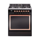 Glossy black range with open oven door, copper-accented trim, front burner knobs