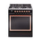 ILVE Nostalgie II Noblesse 30-Inch 4.0 Cu. Ft. Natural Gas Dual Fuel Range with 5 Burners and Solid Door in Glossy Black with Copper Trim (UN30QNMPBKP)