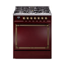 Burgundy dual-fuel gas range front with burner knobs and large glass oven door