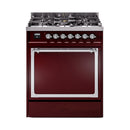 Burgundy dual-fuel range with solid door and chrome-trim control panel