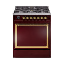 Burgundy dual fuel range with closed oven door window and brass-trim control panel