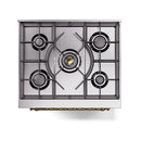 Burgundy gas cooktop with four burners and black grates, brass center cap