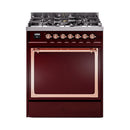 Burgundy dual fuel range with copper-trimmed oven door and control knobs, 30-inch