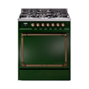 Emerald green dual fuel gas range with solid door, bronze trim and oven window