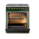 Emerald green dual fuel gas range with open oven and burner control knobs, bronze trim