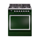 Emerald green gas range with chrome-trim oven door and control panel knobs