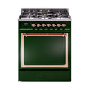 Emerald green dual fuel gas range with closed glass oven door and copper trim