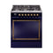 ILVE Nostalgie II Noblesse 30-Inch 4.0 Cu. Ft. Propane Gas Dual Fuel Range with 5 Burners and Solid Door in Midnight Blue with Burnished Bronze Trim (UN30QNMPMBBLP)