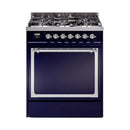 Midnight blue dual fuel range with burner control knobs and oven door window