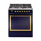 ILVE Nostalgie II Noblesse 30-Inch 4.0 Cu. Ft. Natural Gas Dual Fuel Range with 5 Burners and Solid Door in Midnight Blue with Brass Trim (UN30QNMPMBG)