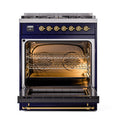 Open oven cavity with racks and broiler inside a midnight blue dual fuel gas range