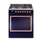 ILVE Nostalgie II Noblesse 30-Inch 4.0 Cu. Ft. Natural Gas Dual Fuel Range with 5 Burners and Solid Door in Midnight Blue with Copper Trim (UN30QNMPMBP)
