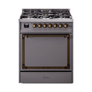 Matte graphite dual fuel gas range with closed solid oven door and bronze handle