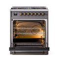Dual-fuel range with open oven door showing bronze interior and racks